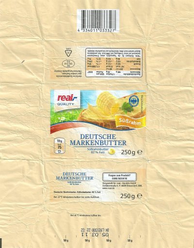 Real quality deutsche markenbutter süssrahm 250g DE SN 016 EG Saxe Allemagne
2011-10-20