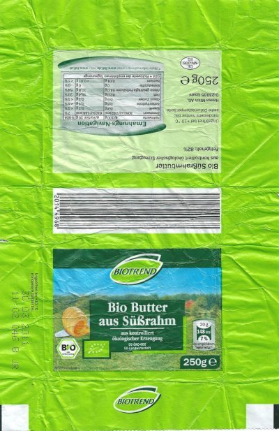 Biotrend bio butter aus süssrahm 250g DE MV-006 EG Mecklembourg - Poméranie occidentale Allemagne
2011-10-20