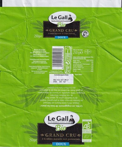 Le Gall maître beurrier depuis 1923 bio grand cru à la crème maturée non pasteurisée doux 250g produit en Bretagne FR 29.232.093 CE
2020-02-20