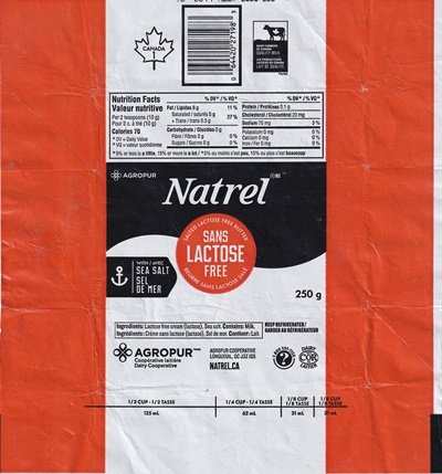 Natrel Agropur with/avec sea salt sel de mer sans lactose free Canada 250g COR 76
2020-02-22