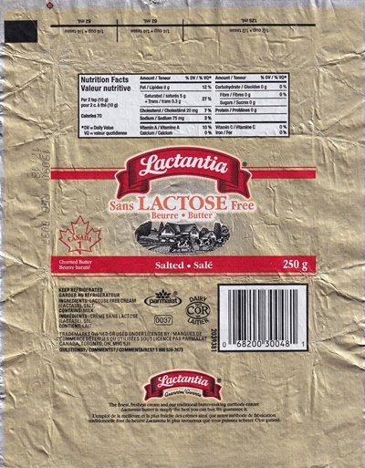 Lactantia sans lactose free beurre butter salted salé COR 165 250g Canada
2020-02-22