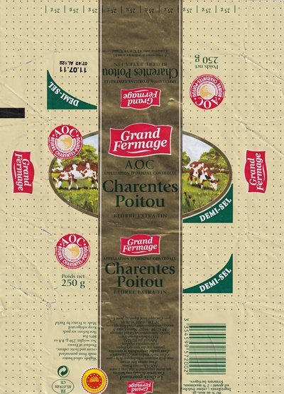 Grand fermage Charentes Poitou beurre extra-fin demi-sel opération d origine contrôlée 250g FR 85.019.01 CE Pays-de-Loir
2020-02-29