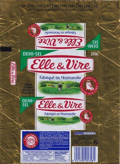 Elle & Vire demi-sel fabriqué en Normandie laiterie de Condé-sur-Vire 250g FR 50.139.001 CE
2020-02-29