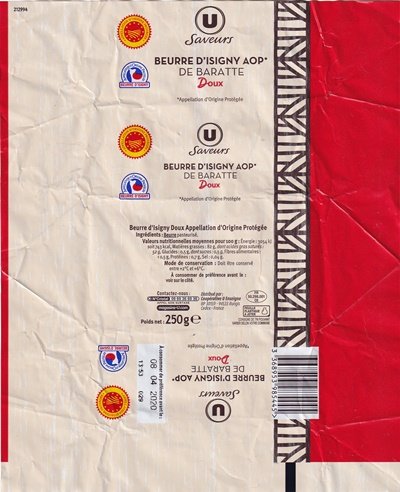 U saveurs beurre d Isigny AOP de baratte doux 250g FR 50.298.001 CE Normandie
2020-03-04