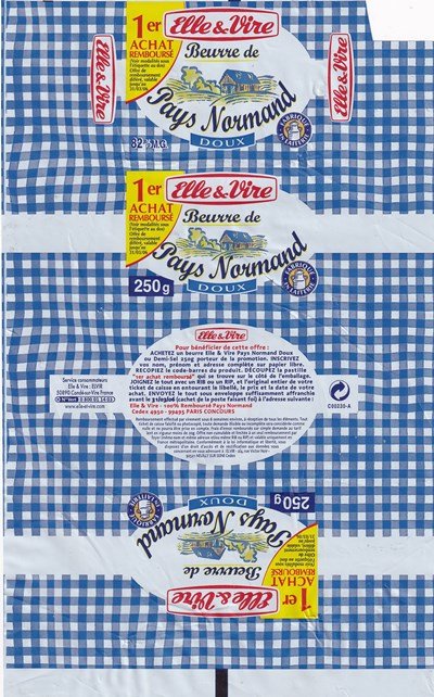 Elle & Vire beurre de pays normand doux fabriqué en laiterie 1er achat remboursé 250g Normandie
2020-03-20