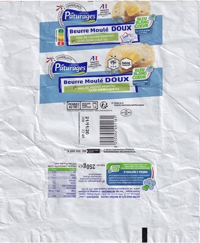 Pâturages beurre moulé doux issu de vaches nourries sans ogm FFF Intermarché bleu blanc cœur 250g FR 44.187.001 Pays-de-Loire
2020-10-13