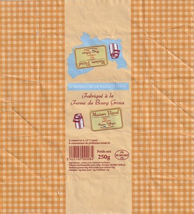 Le beurre cru de baratte doux fabriqué à la ferme du Bourg Groux maison Viard Moyen Villages Normandie 250g FR 50.363.002 CE
2020-10-30