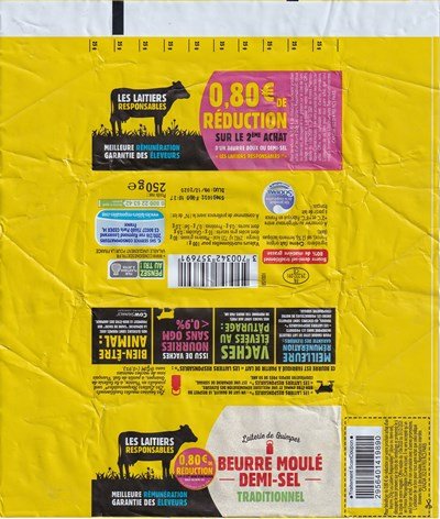 Beurre moulé traditionnel demi-sel laiterie de Quimper les laitiers responsables 0,80 euro de réduction sur le 2ème achat 250g FR 29.232.091 CE Bretagne
2020-10-30