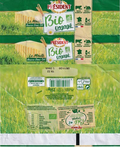 Président bio engagé le moulé beurre demi-sel #2 250g FR 35.239.005 CE Bretagne
2020-10-30