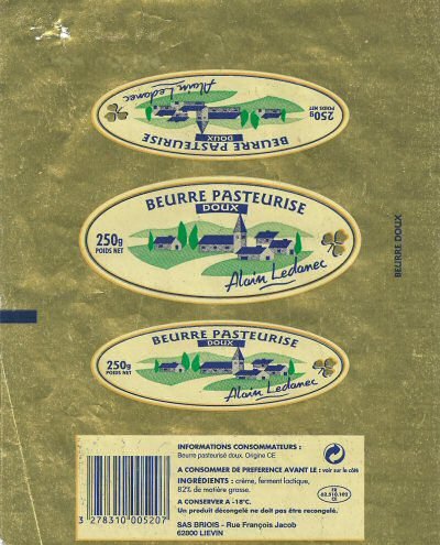 Alain Ledanec beurre pasteurisé doux 250g FR 62.510.102 CE Nord-Pas de Calais France
2011-05-04