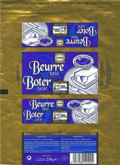 Cora beurre doux extra-fin boter zacht fabriqué en Bretagne 250g F 35.239.05 CEE Bretagne France
2012-02-21
