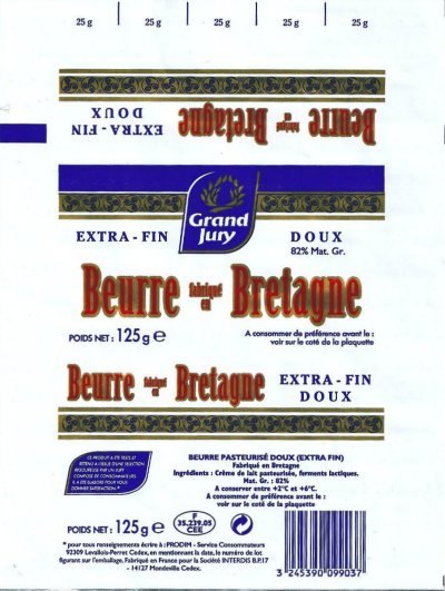 Beurre fabriqué en Bretagne grand jury doux extra-fin 125g F 35.239.05 CEE France
2012-02-21