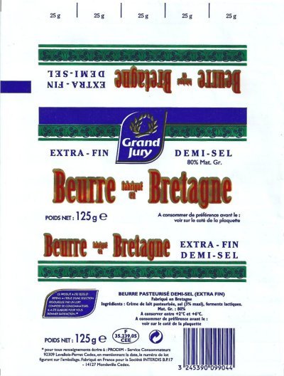 Beurre fabriqué en Bretagne grand jury demi-sel extra-fin 125g F 35.239.05 CEE France
2012-02-21