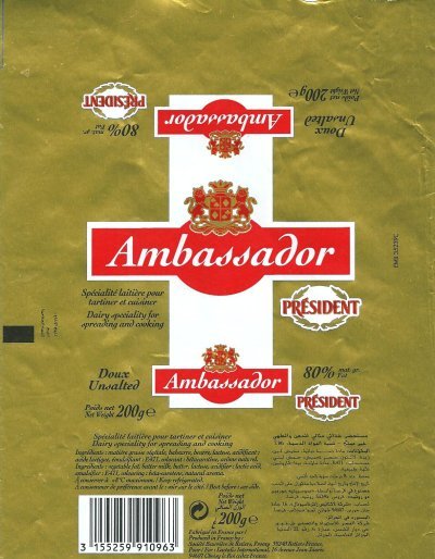 Président ambassador doux unsalted spécialité laitière pour tartiner et cuisiner 200g Moyen-Orient
2012-02-24