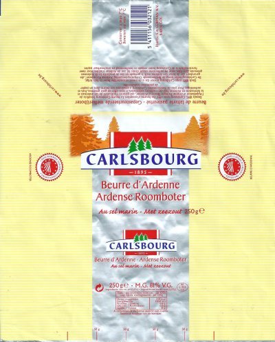 Carlsbourg 1895 beurre d'Ardenne Ardense roombutter au sel marin met zeezout 250g BE L 352 CE Belgique
2012-03-26