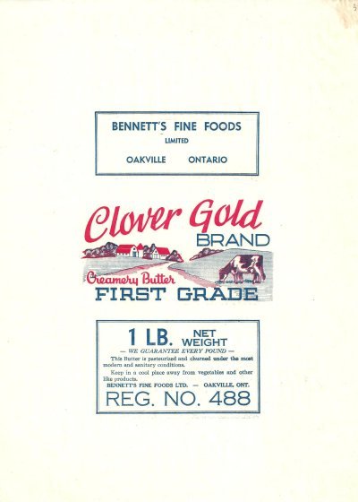 Clover Gold brand creamery butter first grade 1 lb. 454g Bennett's fine foods limited Oakville Ontario Canada
2012-04-01