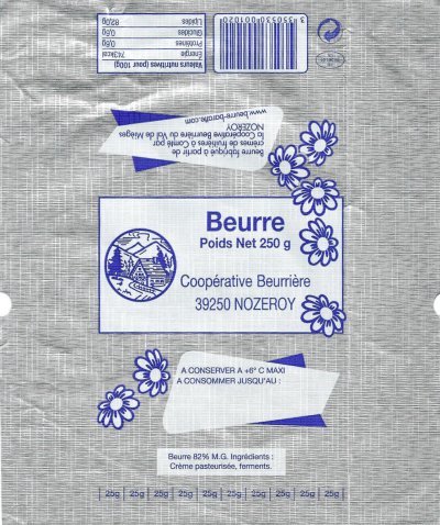 Beurre coopérative beurrière Val de Mièges 39250 Nozeroy 250g FR 39.391.01 CE Franche-Comté France
2012-04-22