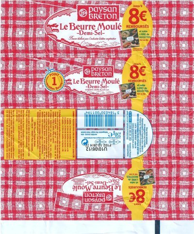 Paysan breton le beurre moulé demi sel beurre élaboré par l'industrie laitière coopérative 250g 8 euros remboursés FR 29.156.90 CE Bretagne France
2012-05-14