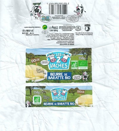 Les 2 vaches beurre de baratte bio doux fabriqué en Normandie t'as vu mes plaquettes de beurre 250g FR 14.342.001 CE France
2012-07-22