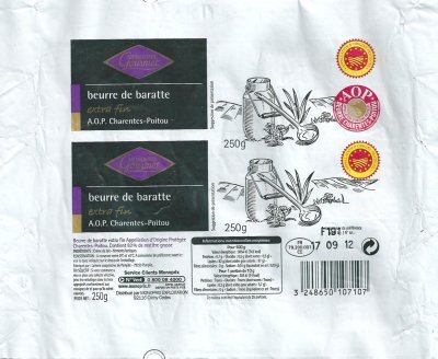 Monoprix gourmet beurre de baratte extra fin A.O.P. Charentes-Poitou 250g FR 79.200.001 CE France
2012-07-22