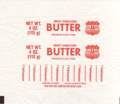 sweet (unsalted) butter usda packed by plant 113g Etats-Unis
2011-05-05