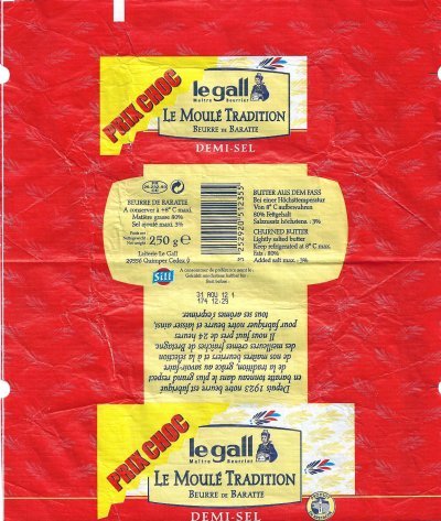 Le Gall le moulé tradition beurre de baratte demi-sel sill prix choc 250g FR 29.232.93 CE Bretagne France
2012-09-12